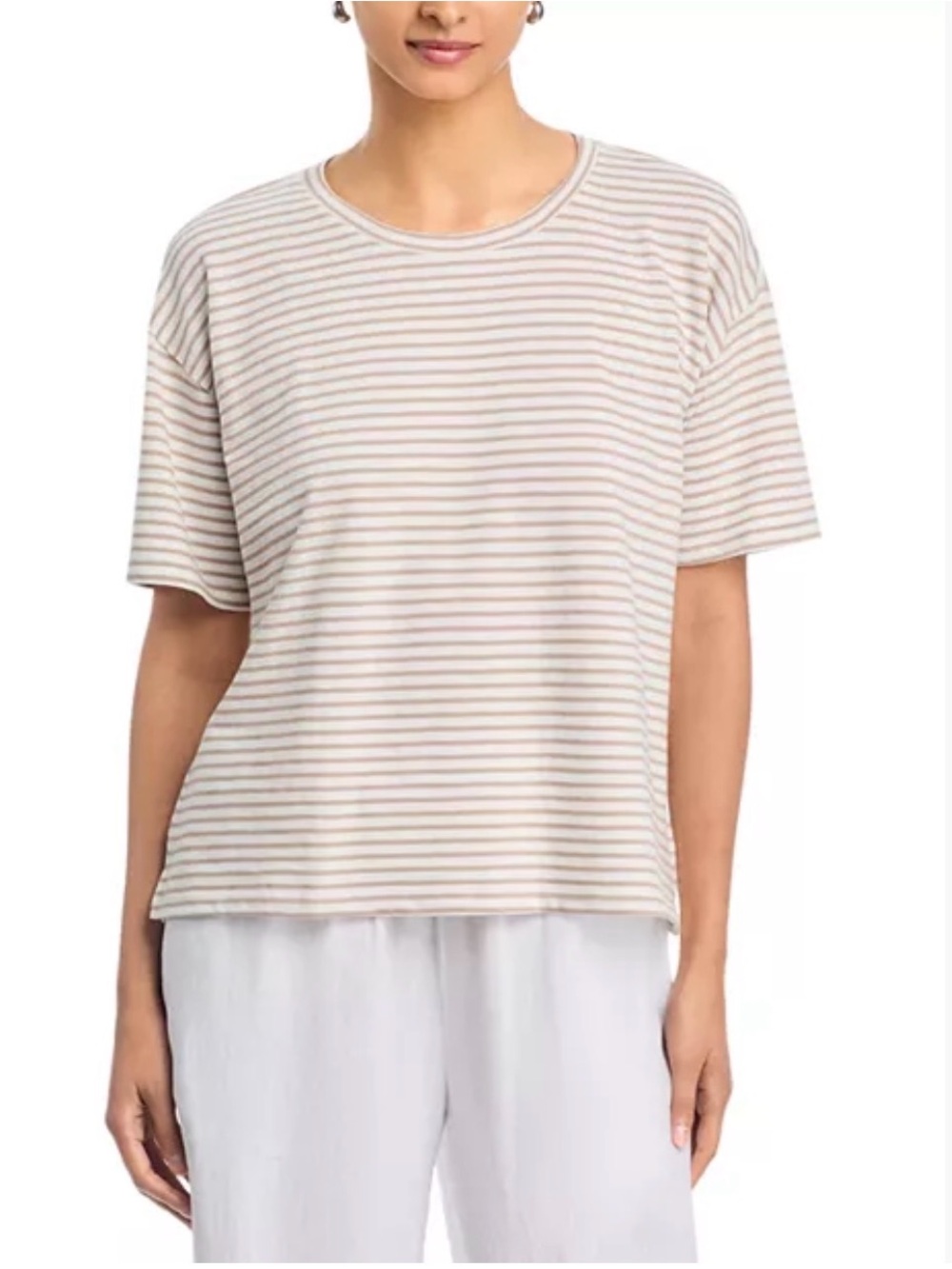 Eileen Fisher Cream and Tan Striped Short-Sleeve Tee